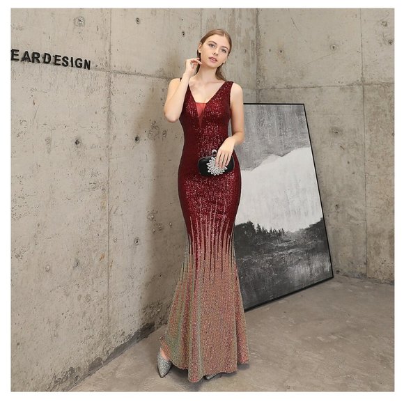 Red & Gold Sequin Dress Glitter Dress Formal Evening Gown Floor Length Ball Gown - Picture 3 of 12